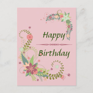 Beautiful Pink Green Floral Birthday Postcard