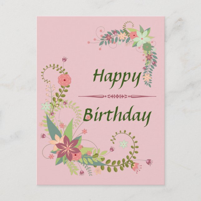 Beautiful Pink Green Floral Birthday Postcard (Front)