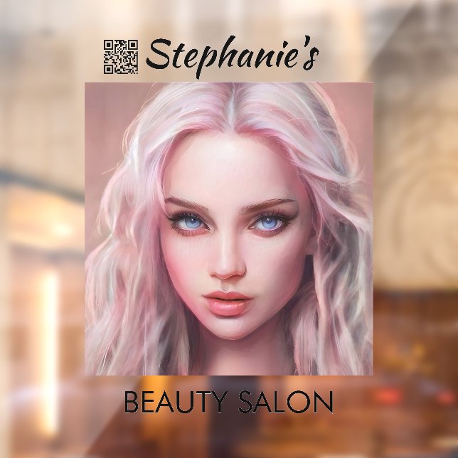Beautiful Pink Hair Girl Beauty Salon With QR Code Window Cling (Sheet 2)