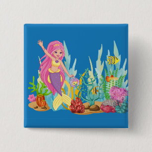 Beautiful PINK HAIR mermaid playing in the sea 15 Cm Square Badge