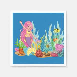 Beautiful PINK HAIR mermaid playing in the sea Napkin