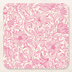 Beautiful Pink Hand Drawn Floral Sketch Drawing Square Paper Coaster