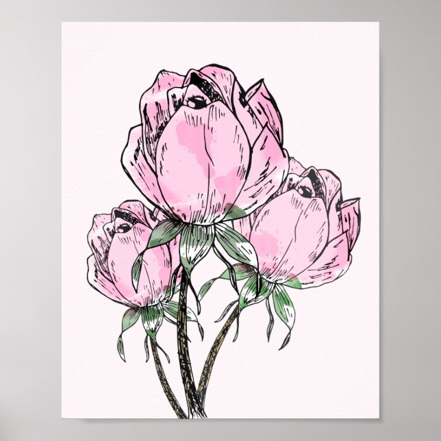 Beautiful Pink Hand Drawn Roses Poster (Front)