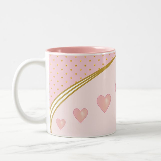 Beautiful Pink Hearts & Gold Confetti Two-Tone Coffee Mug (Left)