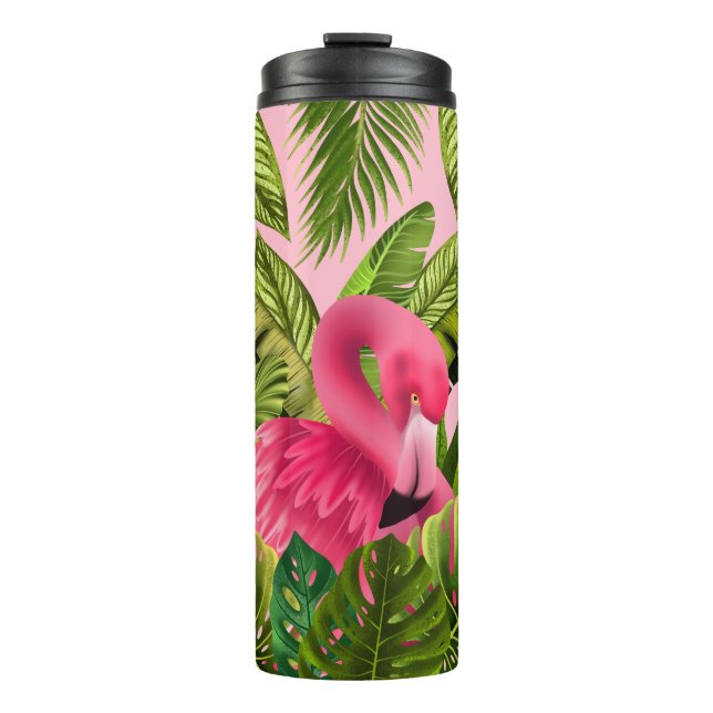 Beautiful Pink Heron With Tropical Leaves  Thermal Tumbler (Front)