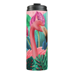 Beautiful Pink Heron With Tropical Leaves  Thermal Tumbler