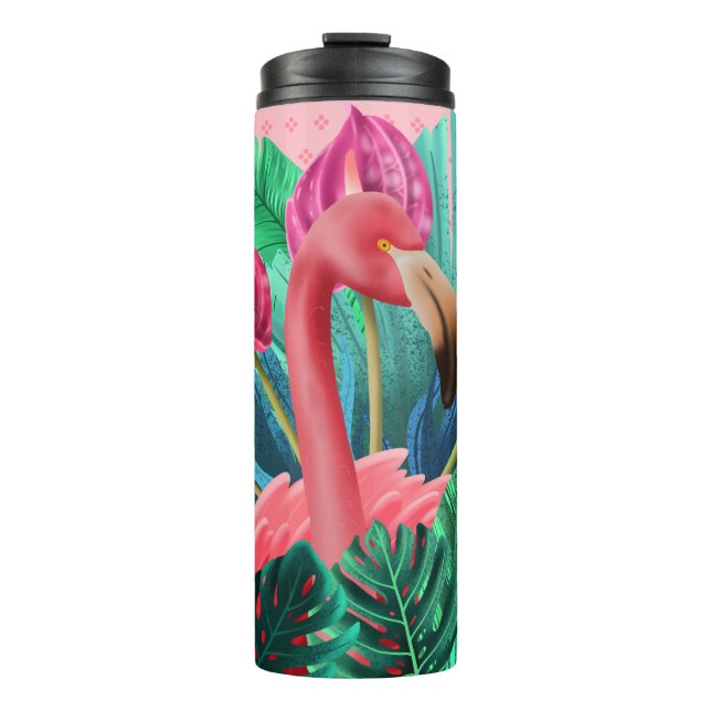 Beautiful Pink Heron With Tropical Leaves  Thermal Tumbler (Front)