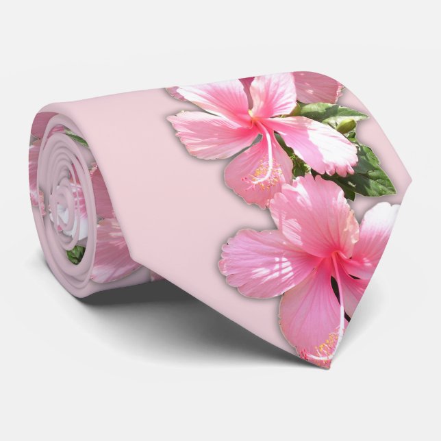 Beautiful Pink Hibiscus Flowers on Pink Necktie (Rolled)