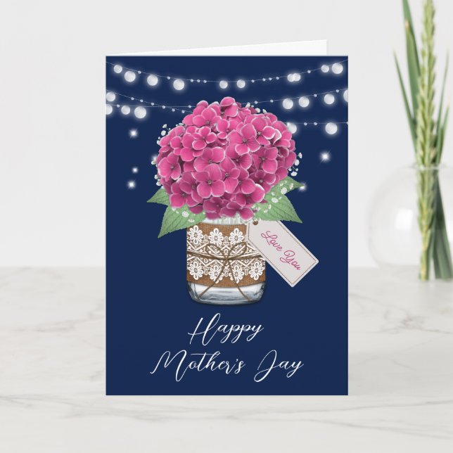 Beautiful Pink Hydrangea Rustic Mother's Day Card (Front)