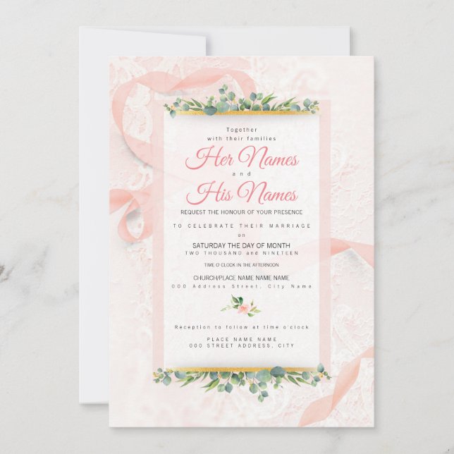 Beautiful Pink Lace and Ribbon Wedding Invitations (Front)