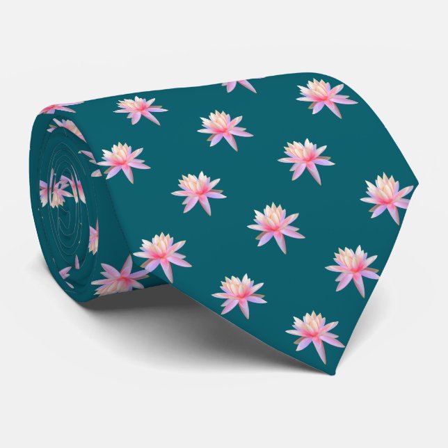 Beautiful Pink Lily Lotus Flower Pattern on Teal Tie (Rolled)