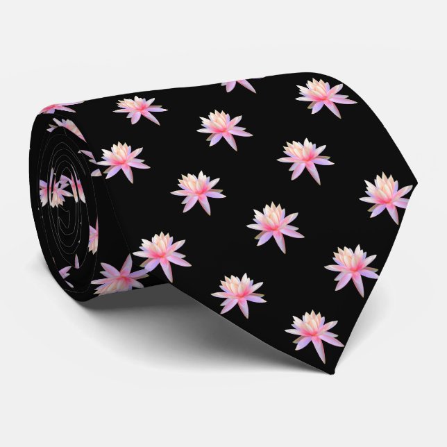 Beautiful Pink Lily Lotus Flower Trendy Pattern Tie (Rolled)