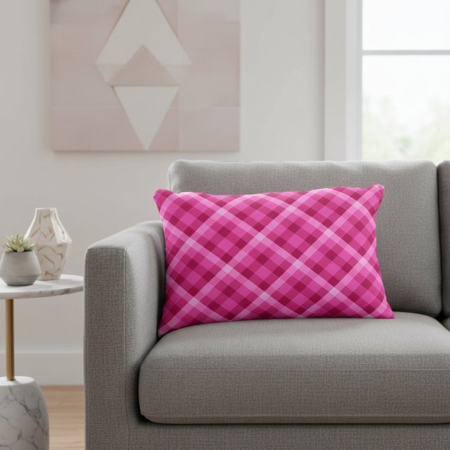 Beautiful Pink Magenta Plaid Accent Pillow (Beautiful Pink Magenta Plaid Accent Pillow on a sofa in a living room.)