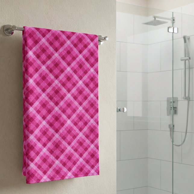 Beautiful Pink Magenta Plaid Bath Towel (Beautiful Pink Magenta Plaid Bath Towel hanging on a towel rack in a bathroom.)
