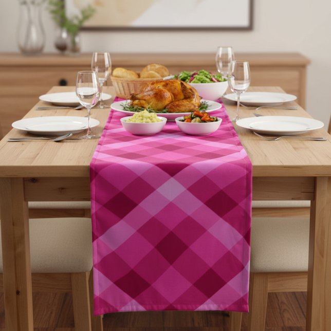 Beautiful Pink Magenta Plaid Large Table Runner (Beautiful Pink Magenta Plaid Large Table Runner on a dining room table.)