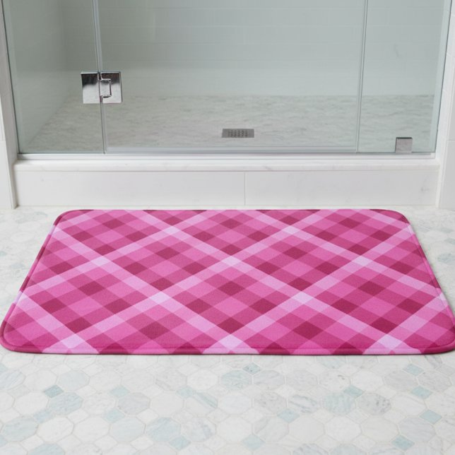 Beautiful Pink Magenta Plaid Medium Bath Mat (Beautiful Pink Magenta Plaid Medium Bath Mat laying on floor in front of a shower in a bathroom.)