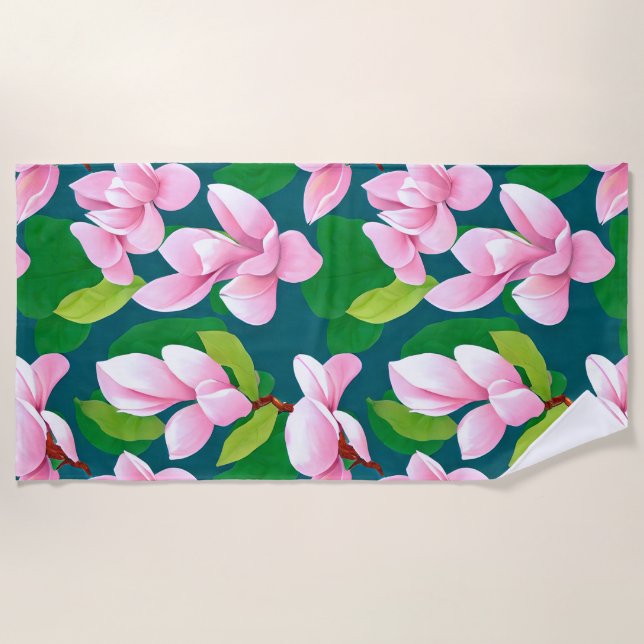 Beautiful Pink Magnolia Flowers Beach Towel (Front)