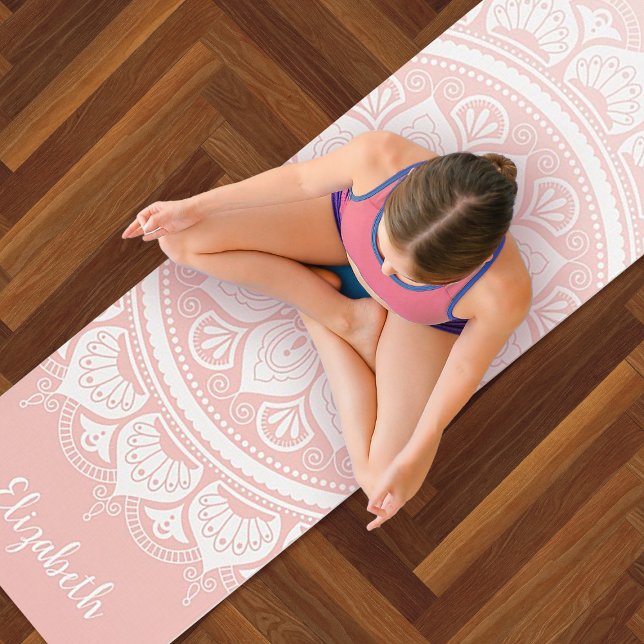 Beautiful Pink Mandala Exercise Yoga Mat (A pretty pink and white mandala yoga exercise mat. Personalize it with your name.)