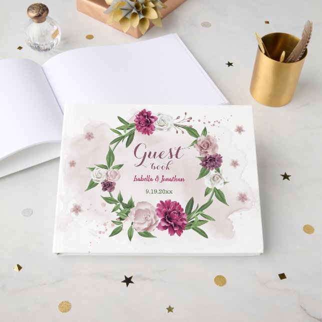 beautiful pink mauve burgundy flowers greenery guest book (Front Open)