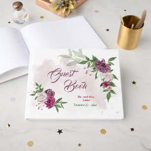 beautiful pink mauve burgundy flowers greenery guest book
