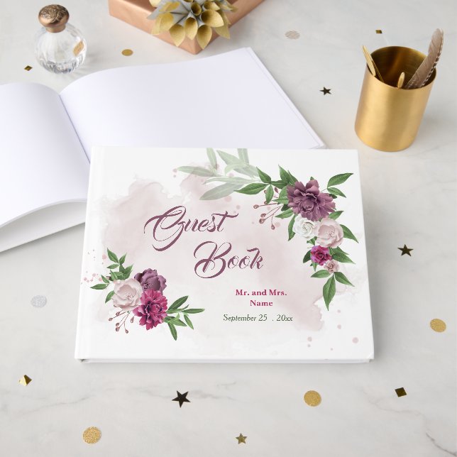 beautiful pink mauve burgundy flowers greenery  guest book (Front Open)