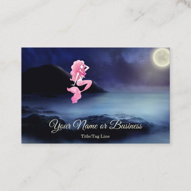Beautiful Pink Mermaid, Full Moon Lagoon Beach Business Card (Front)