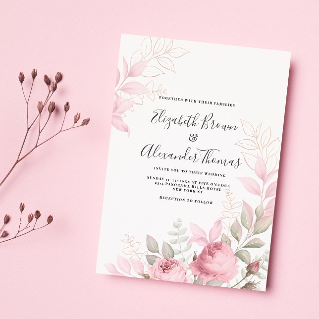 Beautiful pink mint roses leaves floral wedding invitation (Beautiful pink mint roses leaves floral wedding)