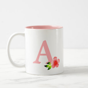 Beautiful pink monogram with flower on white Two-Tone coffee mug