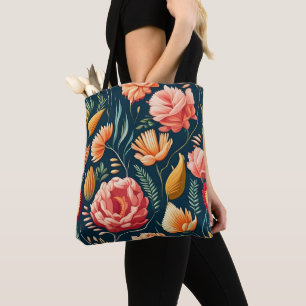 Beautiful Pink, Orange, and Red Flower Pattern Tote Bag