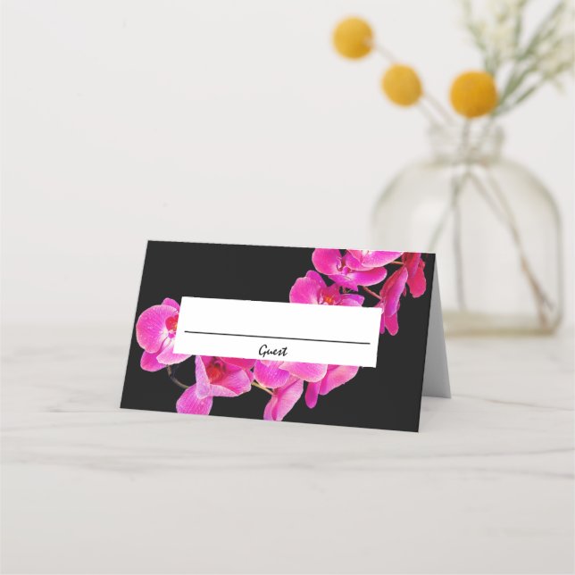 Beautiful Pink Orchids On Black Wedding Place Card (Front)
