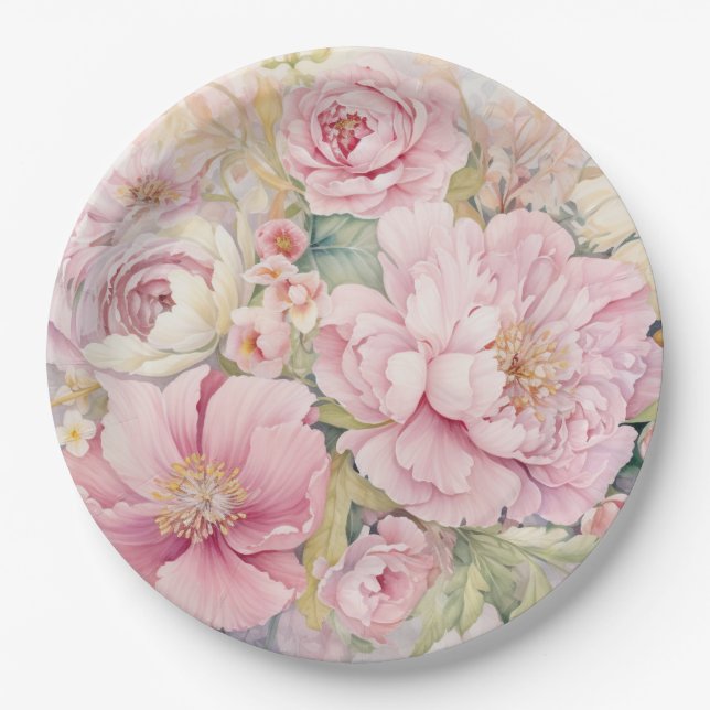 Beautiful pink peonies paper plate (Front)