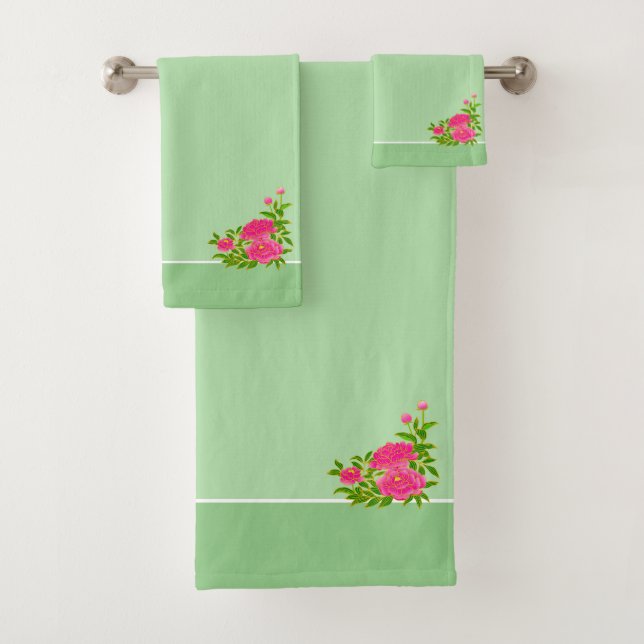 Beautiful pink peony flowers & olive green bath towel set (Insitu)