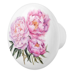 Beautiful Pink Peony Stems Ceramic Knob
