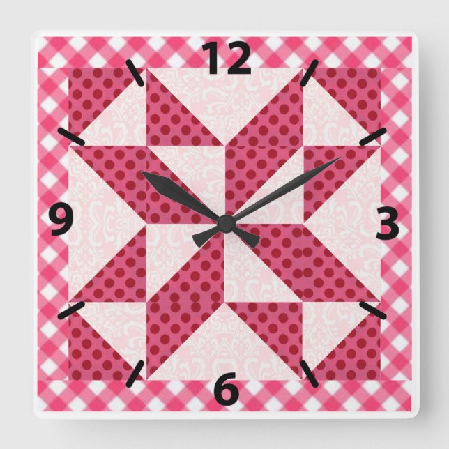 Beautiful Pink Polka Dot Quilted Look Square Wall Clock (Front)