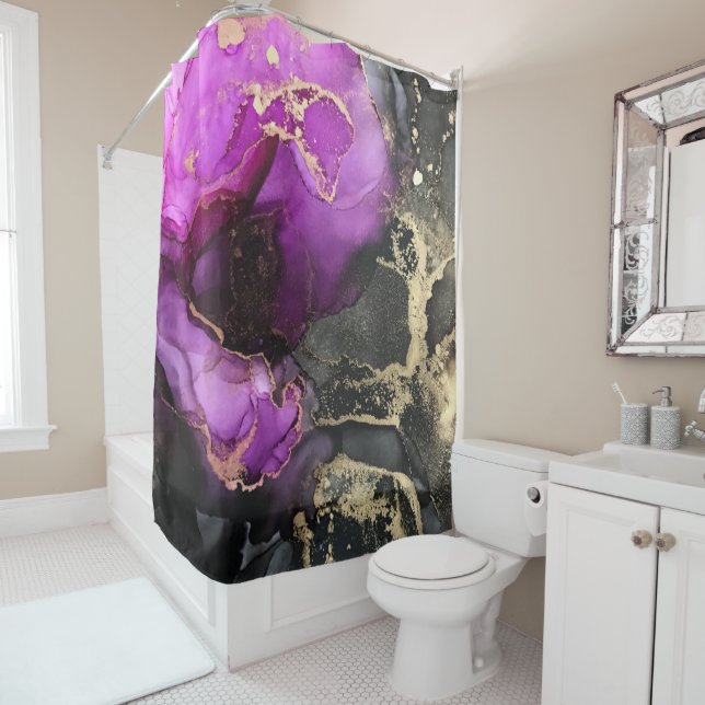 Beautiful Pink Purple Black Gold Unique Art Shower Curtain (In Situ)