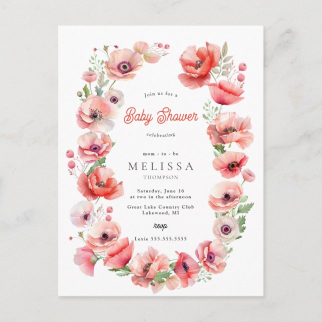 Beautiful Pink & Red Poppy Baby Shower Invitation Postcard (Front)