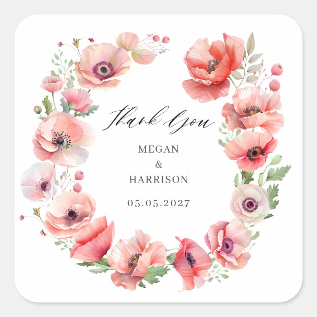 Beautiful pink red poppy flower Thank You Square Square Sticker (Front)