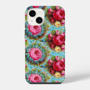 BEAUTIFUL PINK RED ROSES AND BLUE FLOWERS iPhone 14 CASE