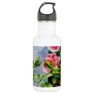 Beautiful  pink red white roses watercolor floral 532 ml water bottle