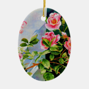 Beautiful  pink red white roses watercolor floral ceramic tree decoration