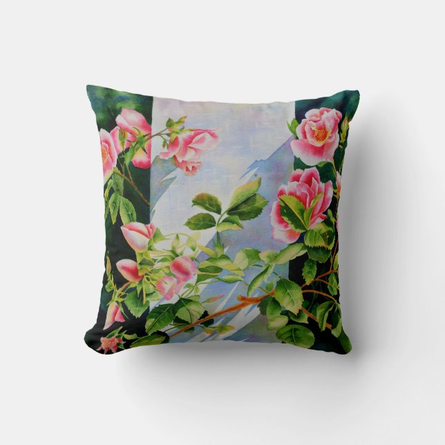 Beautiful  pink red white roses watercolor floral cushion (Front)