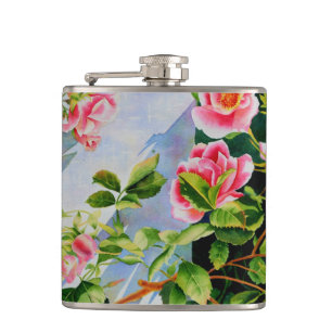 Beautiful pink red white roses watercolor floral hip flask