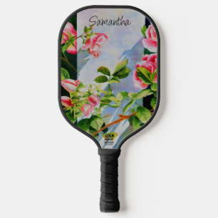 Beautiful  pink red white roses watercolor floral pickleball paddle