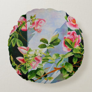 Beautiful  pink red white roses watercolor floral round cushion