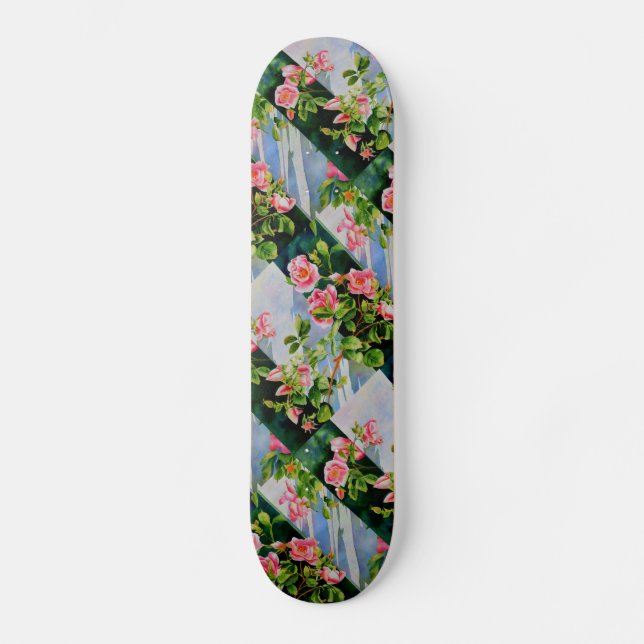 Beautiful  pink red white roses watercolor floral skateboard (Front)