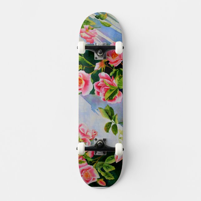 Beautiful  pink red white roses watercolor floral skateboard (Front)