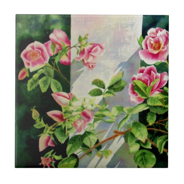 Beautiful  pink red white roses watercolor floral tile (Front)