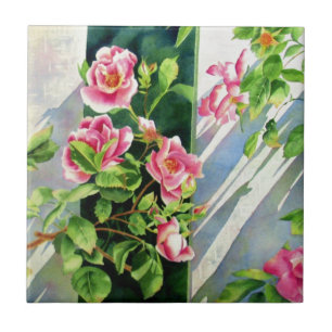 Beautiful  pink red white roses watercolor floral tile