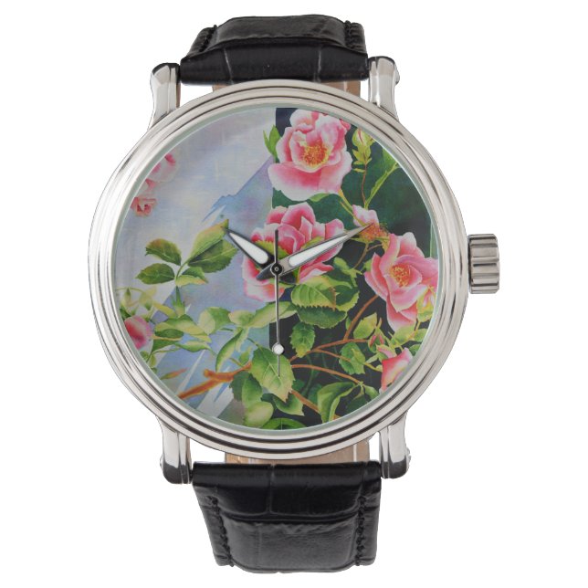 Beautiful  pink red white roses watercolor floral watch (Front)