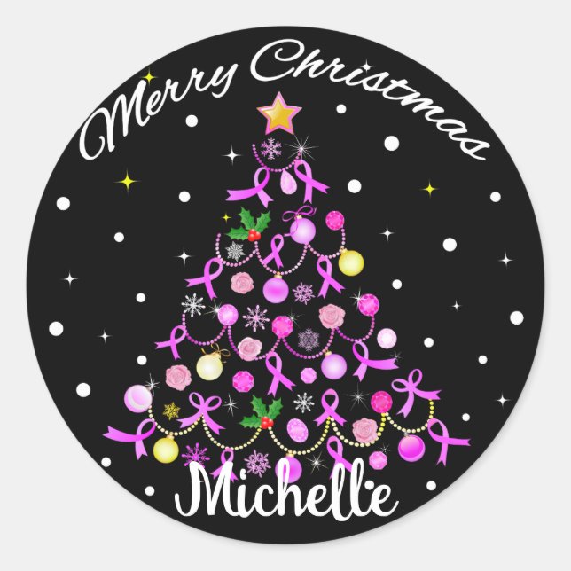 Beautiful Pink Ribbon Christmas Tree Classic Round Sticker (Front)